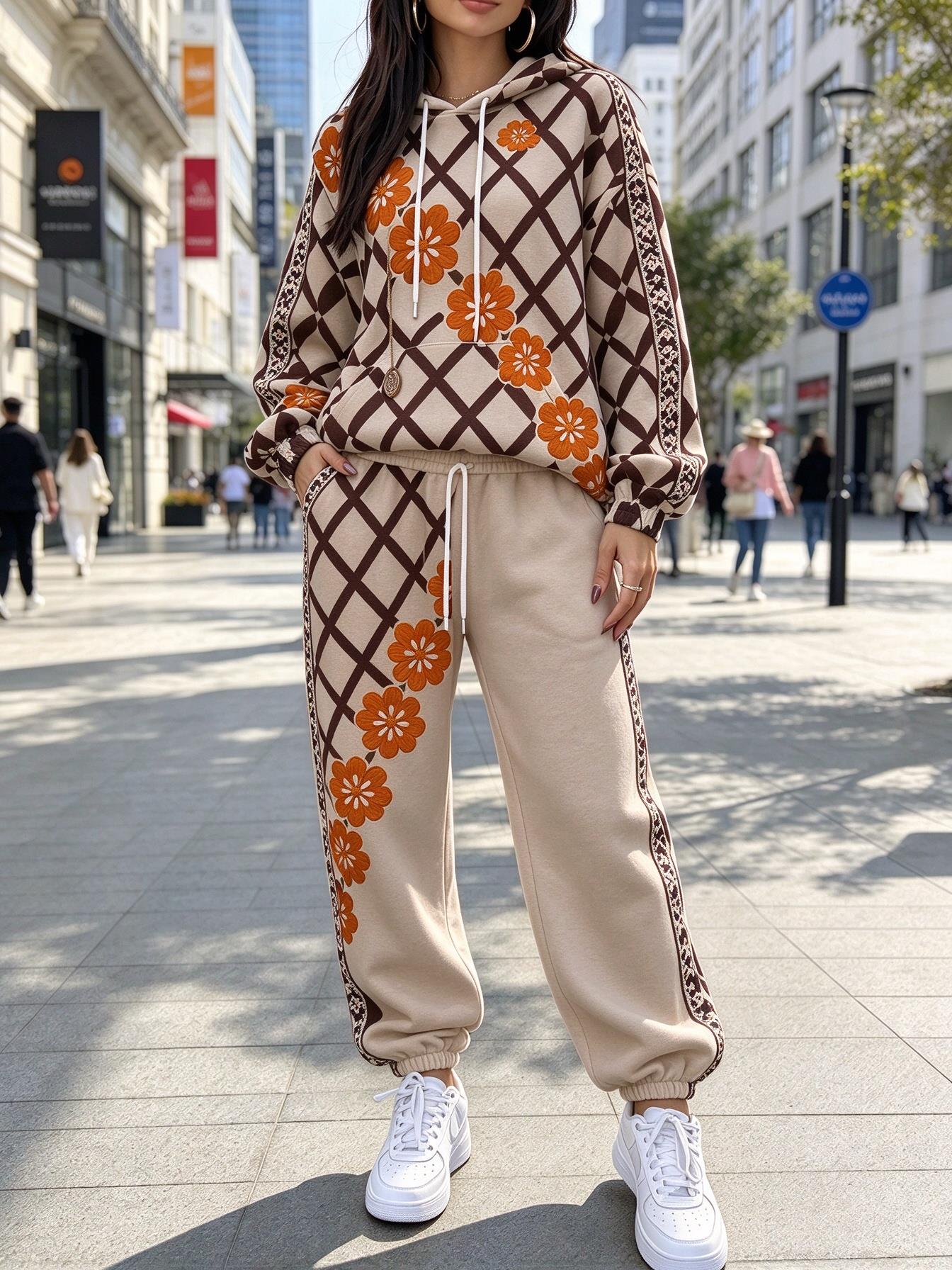 Women Grid Floral Print Hooded - Joggers Pants ulasan dan harga